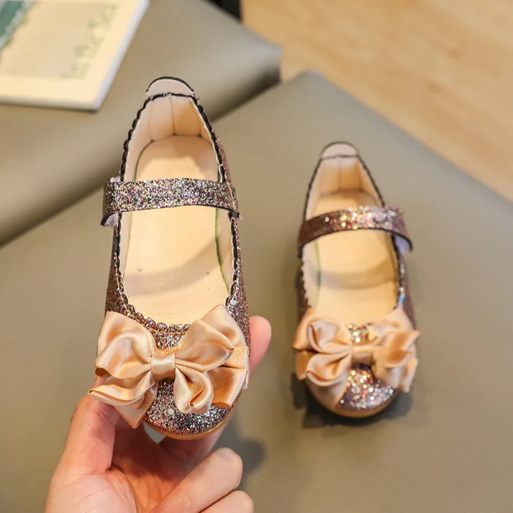 

Bling Glitter Princess Dress Shoes Bow-knot Soft Bottom Leather Shoes Bright Non-slip Performance Footwear Kids