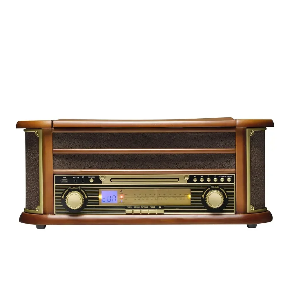2026 Vinyl Record Player Vintage Turntable Bluetooth-compatible CD&Cassette Player Speaker AM/FM Radio USB Recorder