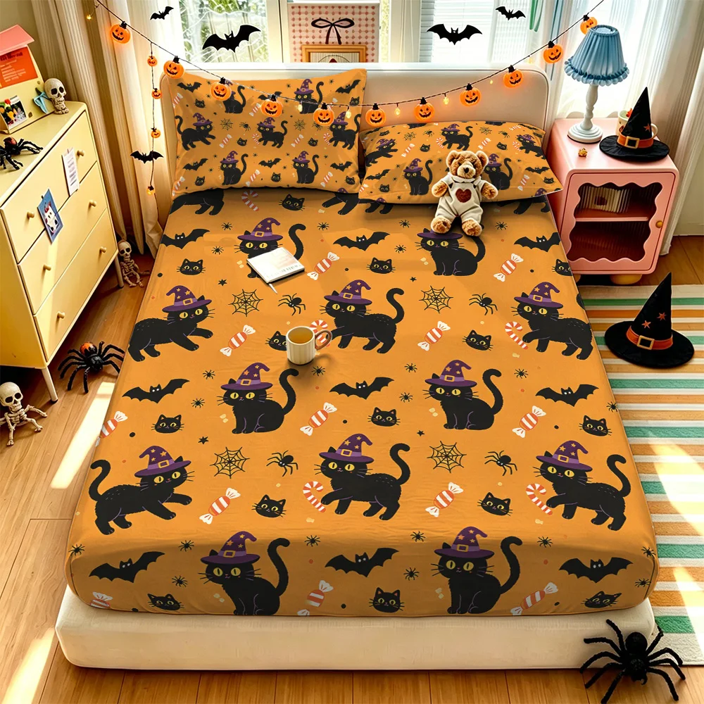 3Pcs Halloween Black Cat Bat Spider Web Print Bedding Set, 1 Duvet Cover 2 Pillowcases, No Inner Core, Machine Washable Soft
