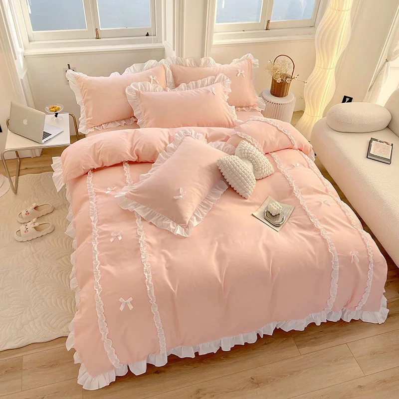 Korean Princess Style Bedding Sets Ins Lace Bowknot Duvet Cover Fitted Sheet For Girl Woman Home Bedroom Kawaii Bed Linens