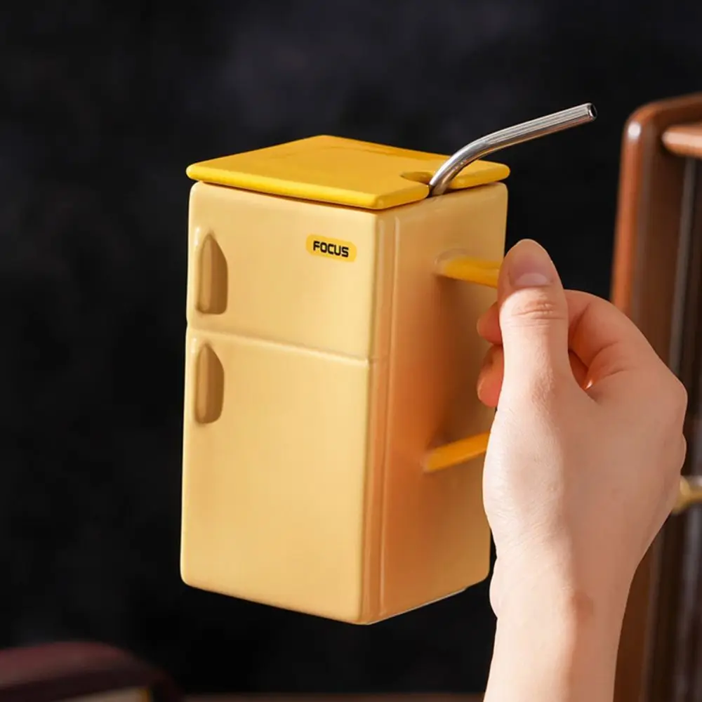 

Bar Counter Supplies Creative Refrigerator Shape Water Cup Retro Square Coffee Mugs Funny with Stainless Straw Tea Cups Kitchen