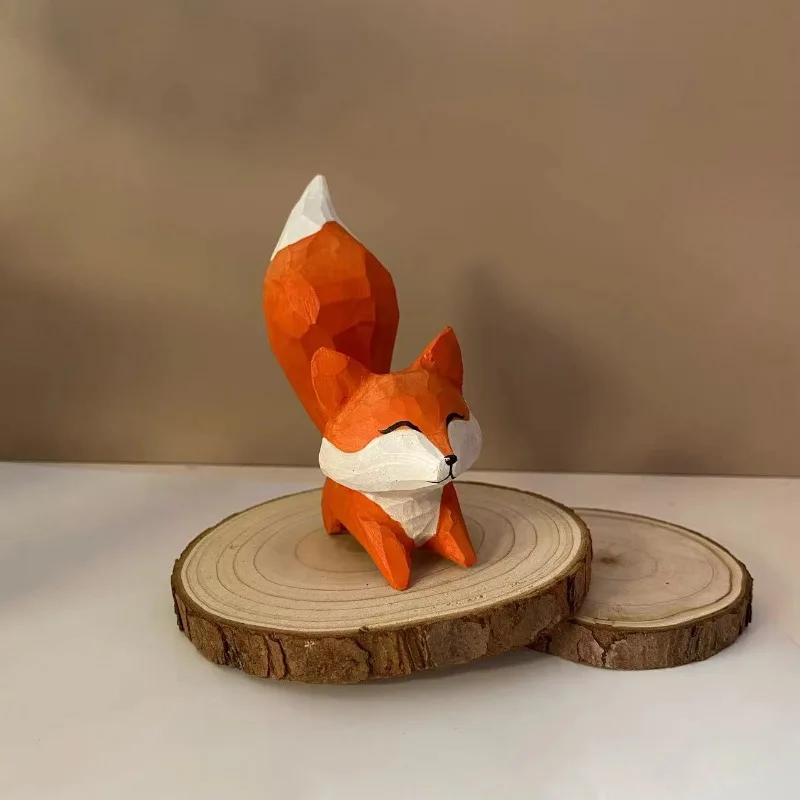 Hand Painted Fox Wood Carving Craft Desk Ornament Artistic Wood Animal Figurine Creative Home Office Table Decoration Accessory