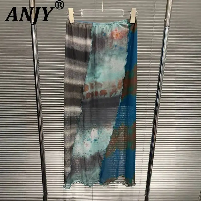 

ANJY Spring Summer New Women Trend Fashion Contrast Color Painting Print Long Skirt Tie Dye Stylish Elegant Casual Skirts A24269