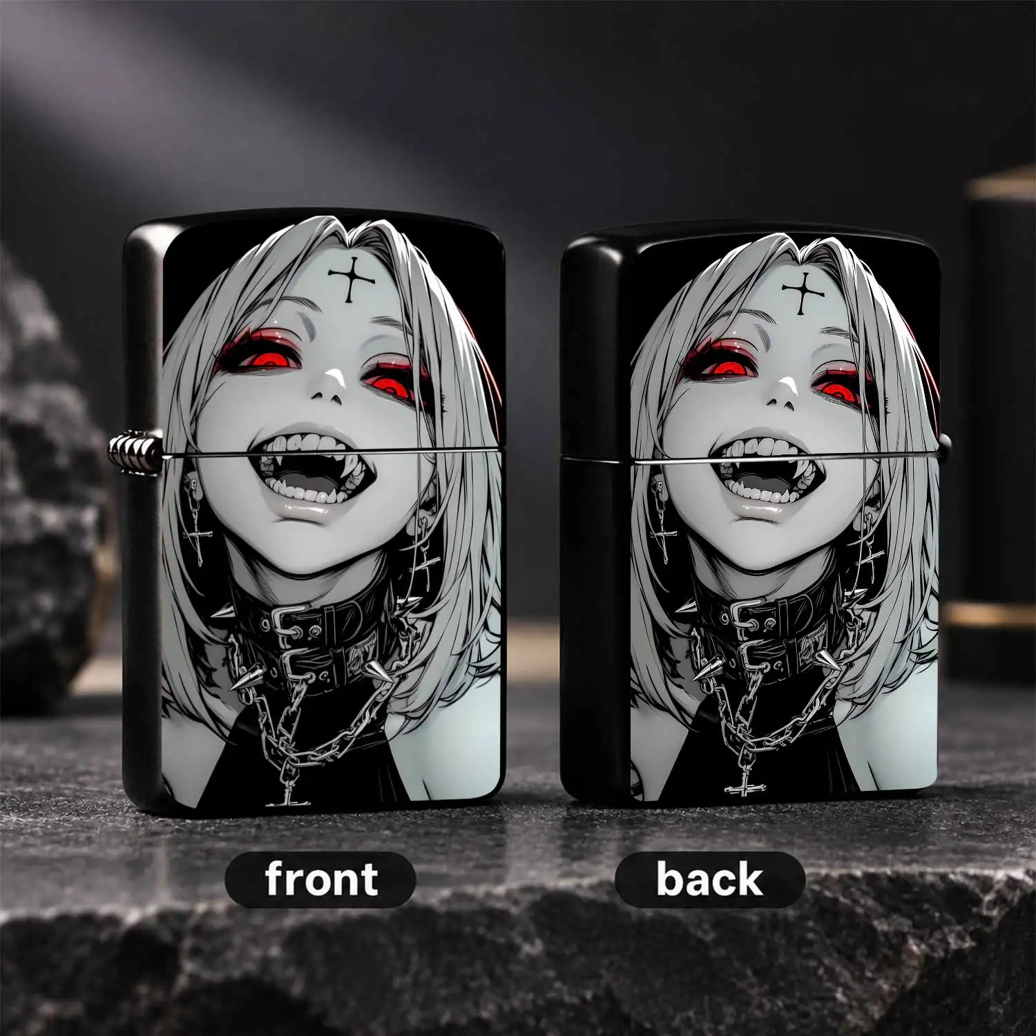 Trendy Punk Vampire Themed, Unique Subculture Anime Printed Portable Igniter, Dark Gothic Cross Red Eyes Fangs Creative, Cool Exquisite Practical Igniter Gift For Boyfriend Daily Use A Fun And Humorous Lighter