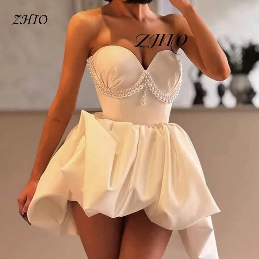

ZHIO Strapless Evening Gown Women Pearl Satin Sweetheart Neck Asymmetric Ruffle Hem Party Cocktail Mini Dress Customized