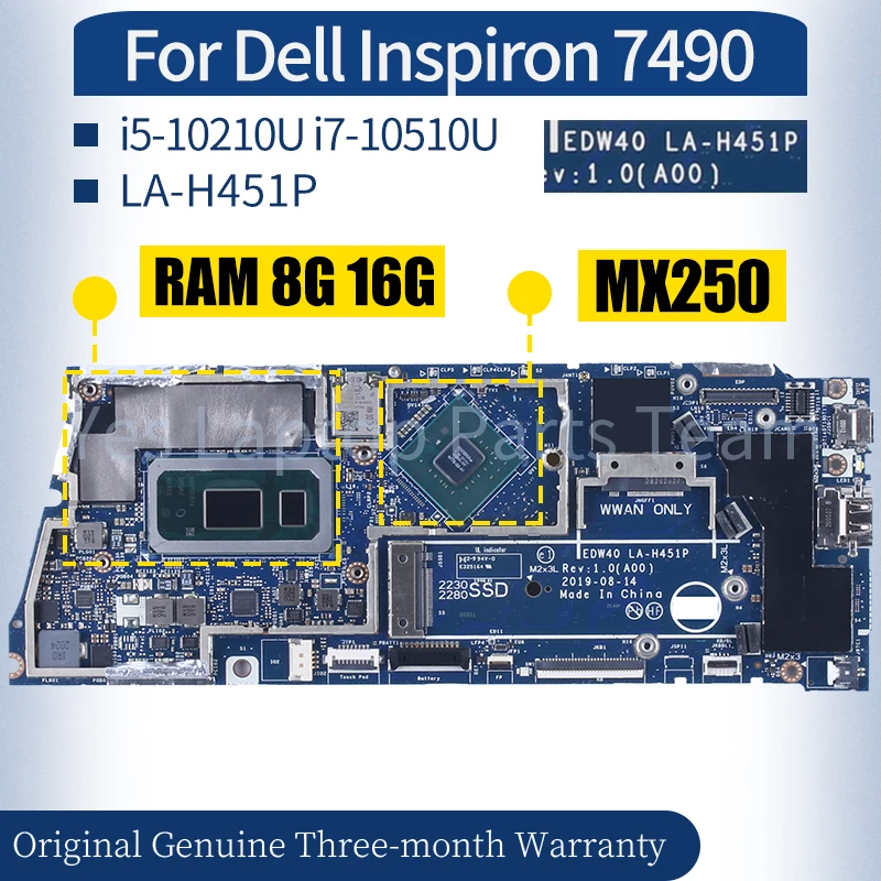 

For Dell Inspiron 7490 Laptop Mainboard LA-H451P 046V1H 081F9Y 0M8T87 0D6VPY i5-10210U i7-10510U RAM 8G 16G Notebook Motherboard