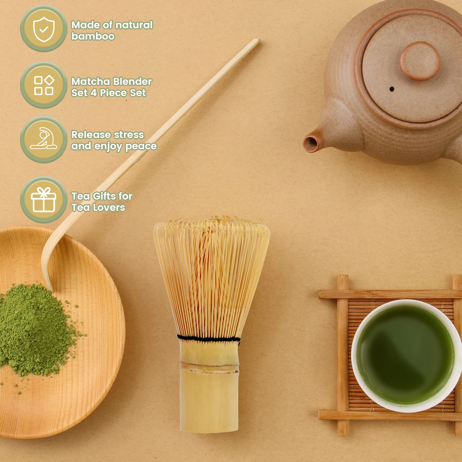 4pcs Matcha Whisk Set Handmade Matcha Tea Set Dial Tea Tool Set Bamboo Whisk Set Natural Matcha Making Tool For Tea Lovers