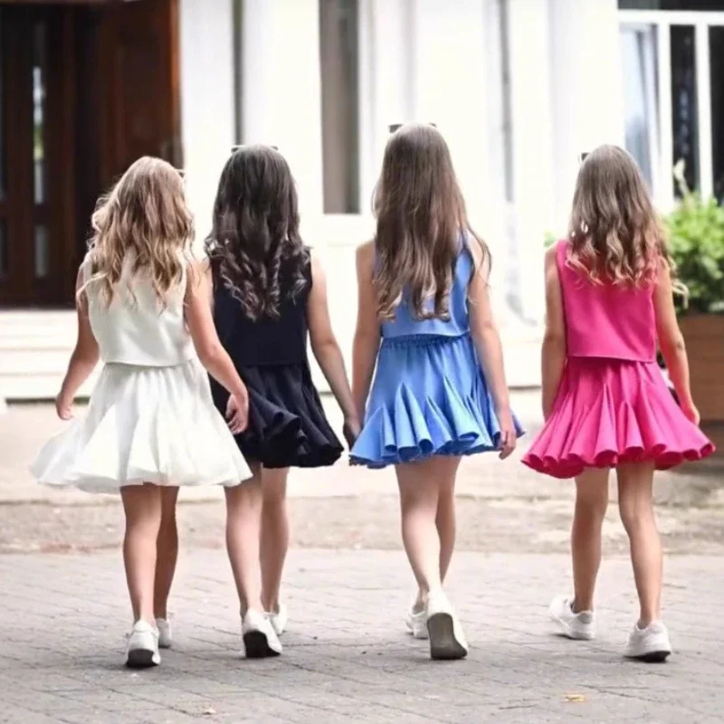 طقم مكون من قطعتين لربيع وصيف 2021 للفتيات لربيع وصيف جديد بلون سادة وتنورة بنصف ذيل السمكة