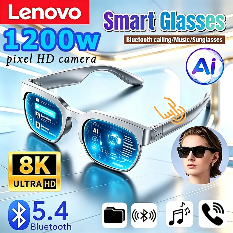 Lunettes Intelligentes Sans Fil Lenovo AI avec Télécommande Bluetooth, Photo HD 8K, Appels, Musique, Lunettes de Soleil Sportives, Cadeau pour Hommes et Femmes, Utilisation Quotidienne