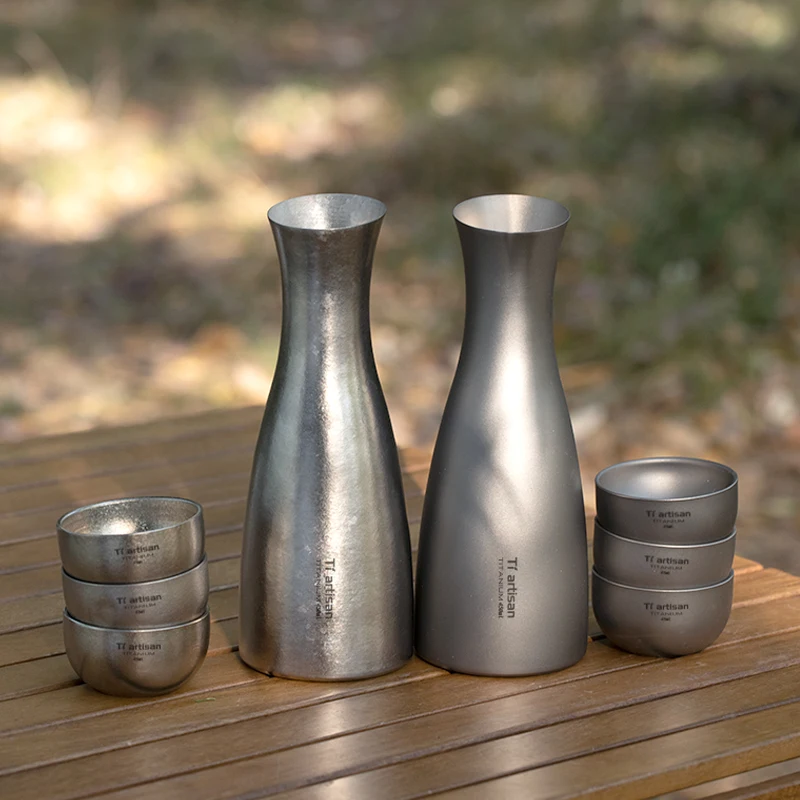 Tiartisan Pure Titanium EDC Japanese Style Sake Set Durable Wine Set Bottle Outdoor Flagon Hip Flask Cup Drinkware 450ml/15 floz