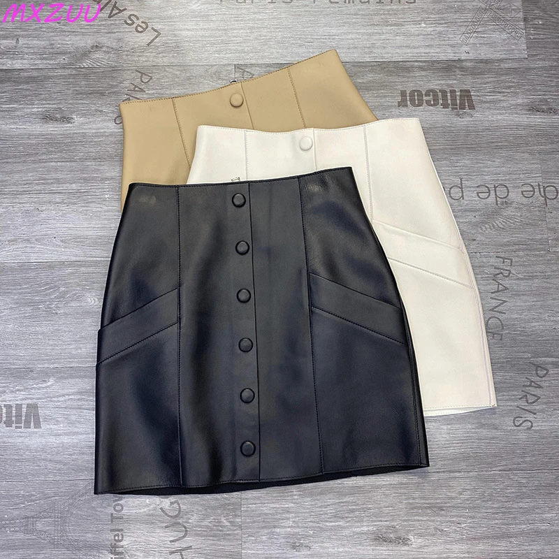 100% Leather Sexy Skirt Women High Waist Single Breasted Pocket A-line Jupe Short Mujer Sheepskin Gonne European Style Roupas