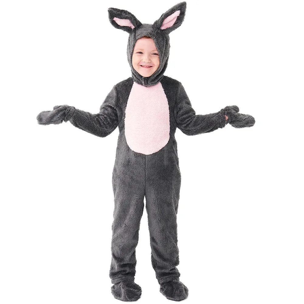 Kids Onesie Bunny Costume for Boys Girls Deluxe Cute Christmas Animal Gray White Rabbit Cosplay Bodysuit Flannel Hooded Suit NEW