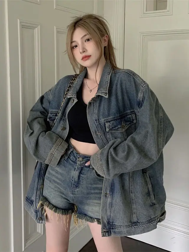 

Retro Denim Jacket Retro Women 2024 Autumn New American Retro Denim Jacket Loose Casual Long Sleeve Top