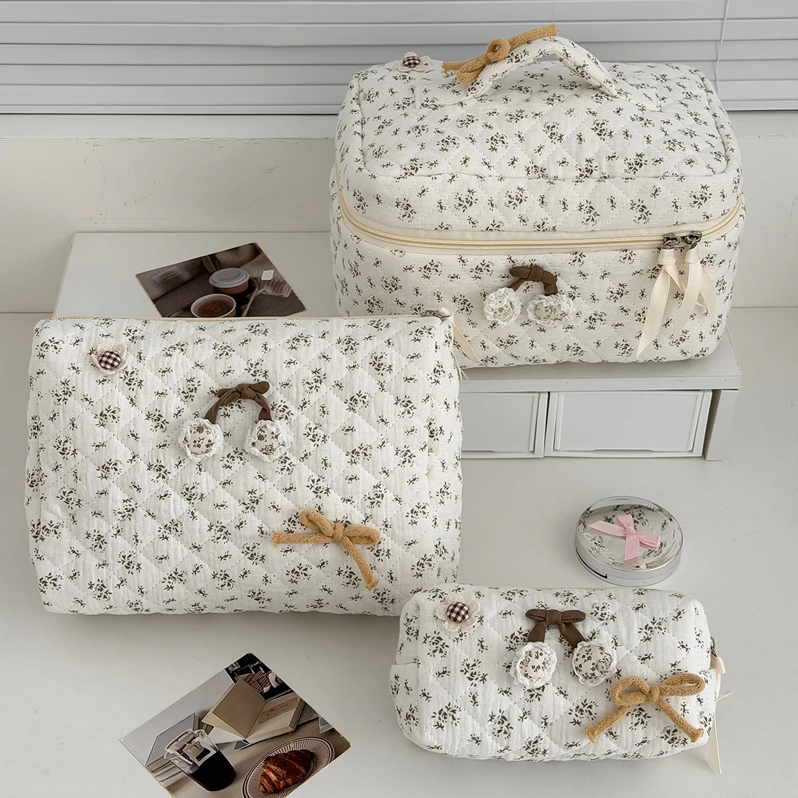 Multi Size Brown Floral Cosmetic Bag Forest Quilted Bow Travel Toiletry Bag Ladies Makeup Organizer Pouch