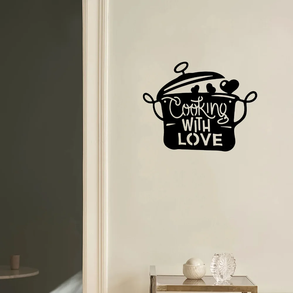 Black Metal Kitchen Pot Sign Cooking with Love Wall Decor Lovely Gift for Home Kitchen Decoration Stylish Wall Accent Vibe