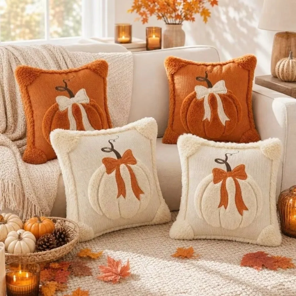 18x18 Inches Throw Pillow Covers Pumpkin Pattern Faux Wool Material Decorative Pillowcase Embroidery Details Soft Fabric