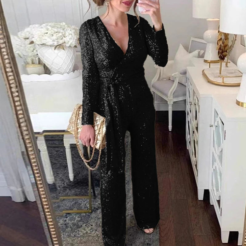 Winter Elegant Draped Long Sleeve Women's Romper Winter V Neck Wide Leg Club Combination Fashion Sequins Lace Up Party Jumpsuit