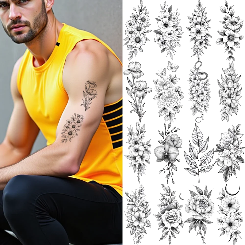 

9pcs Temporary Tattoo Purple Flower Accents Line Art Butterfly And Flowers Peony Temporary Tattoo Stickers Elegant Branch For