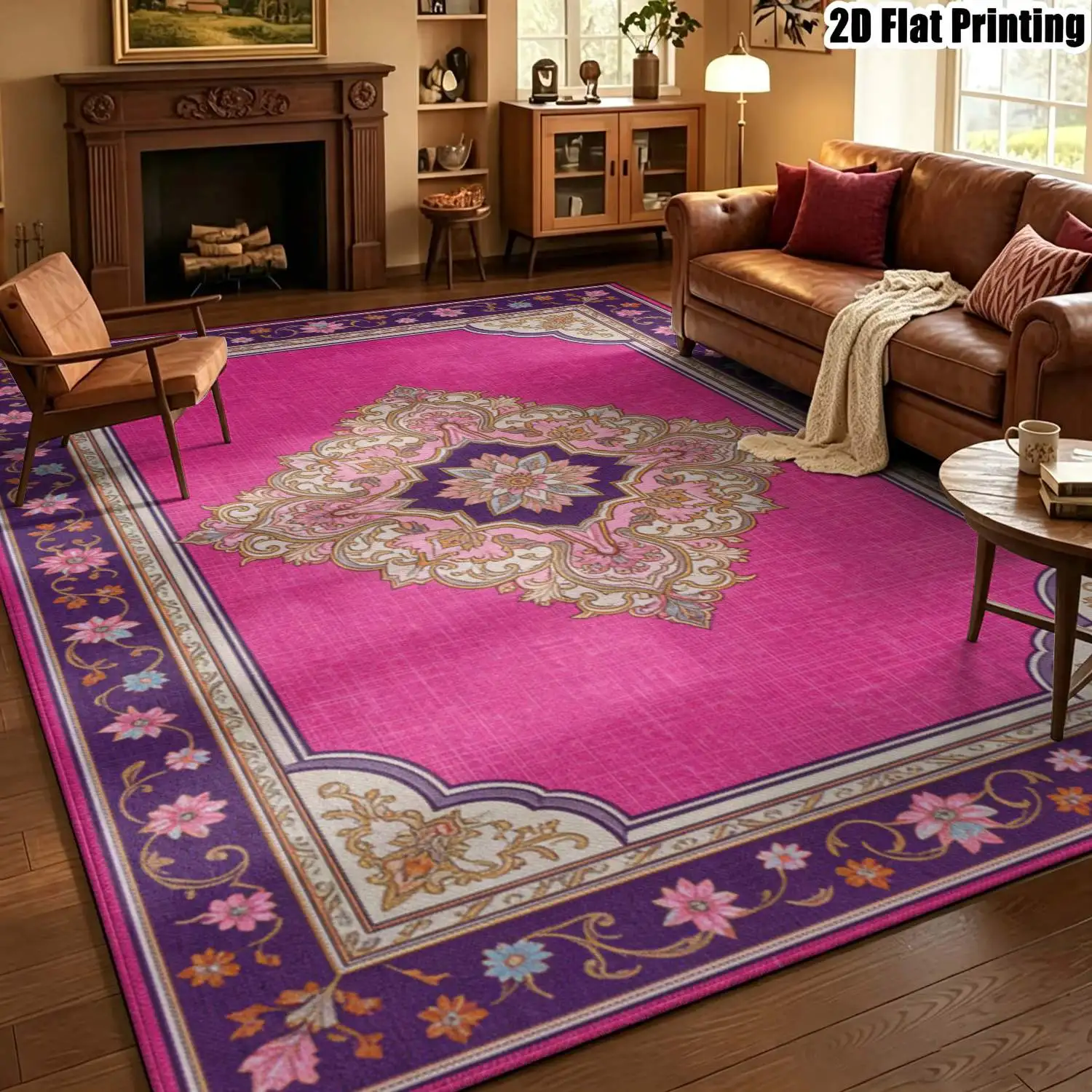 1 unidad de alfombra con estampado retro europeo/bohemio en color magenta, lavable a máquina, ideal como tapete para el suelo y para decorar el hogar en diferentes ambientes, disponible en varios tamaños.