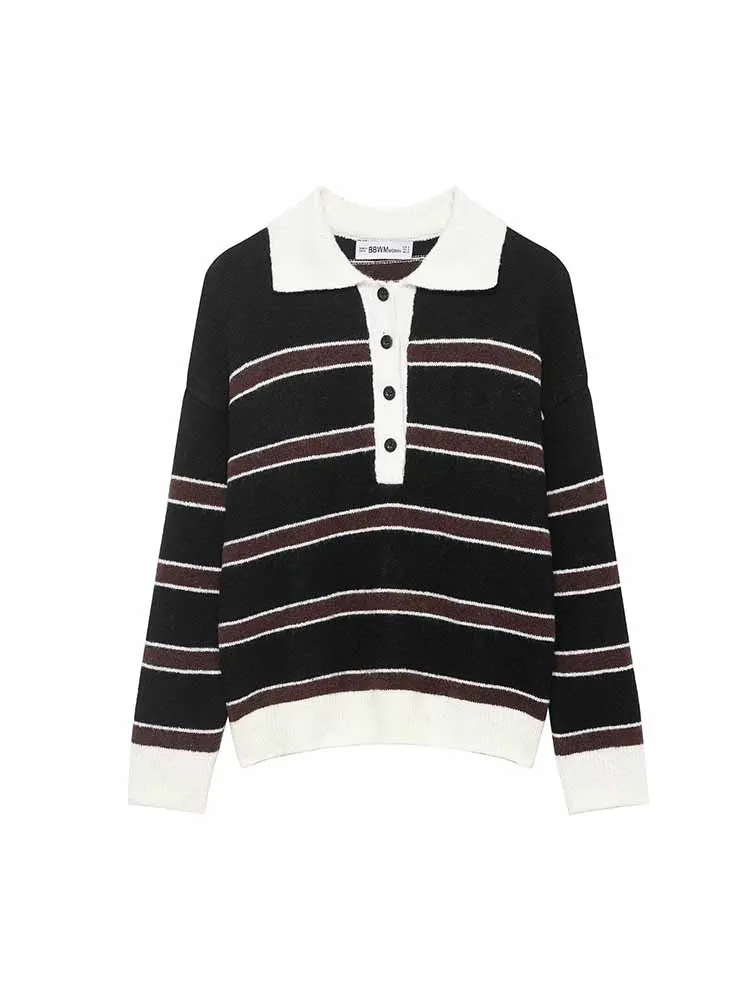 

HH Woman Spring Fashion Long Sleeves Polo Collar Single Breasted Striped Decoration Sweater Female Casual Warm Knitted Tops