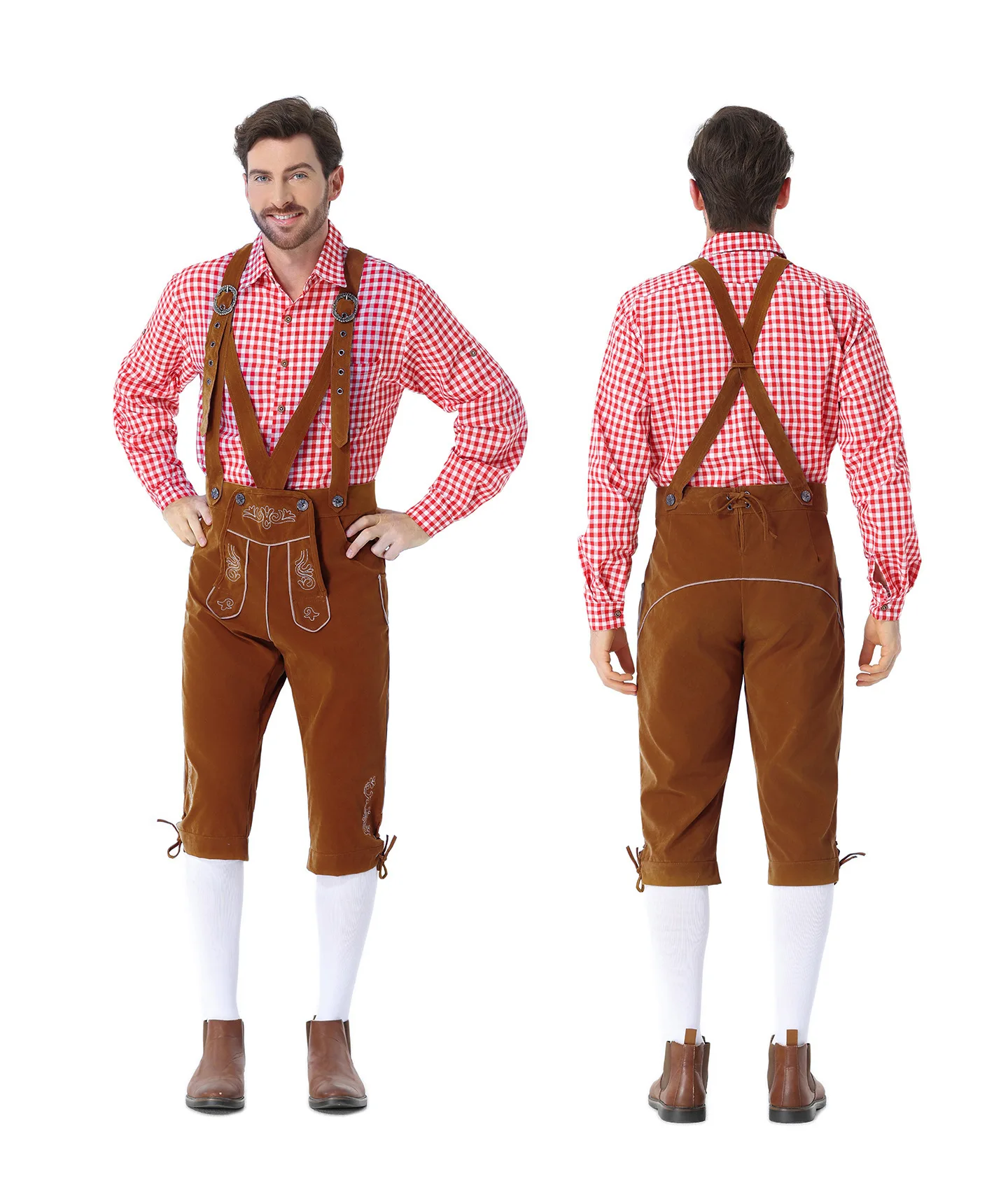 Vintage Bayerisches Lederhosen-Outfit für die Familie, Weißes Karohemd, Bestickte Hosenträgerhose, Oktoberfest-Party-Cosplay-Kostüm – Detail 15