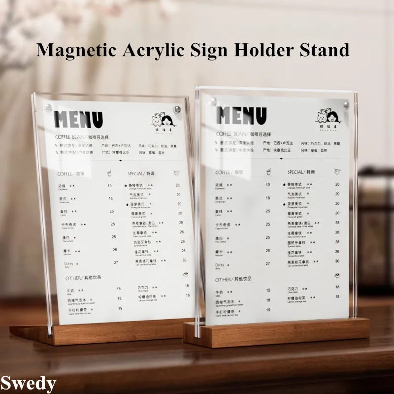 A5 148X210MM Wood Base Magnetic Acrylic Sign Holder Display Stand Menu Paper Holder Price Label Tags Photo Picture Poster Frame