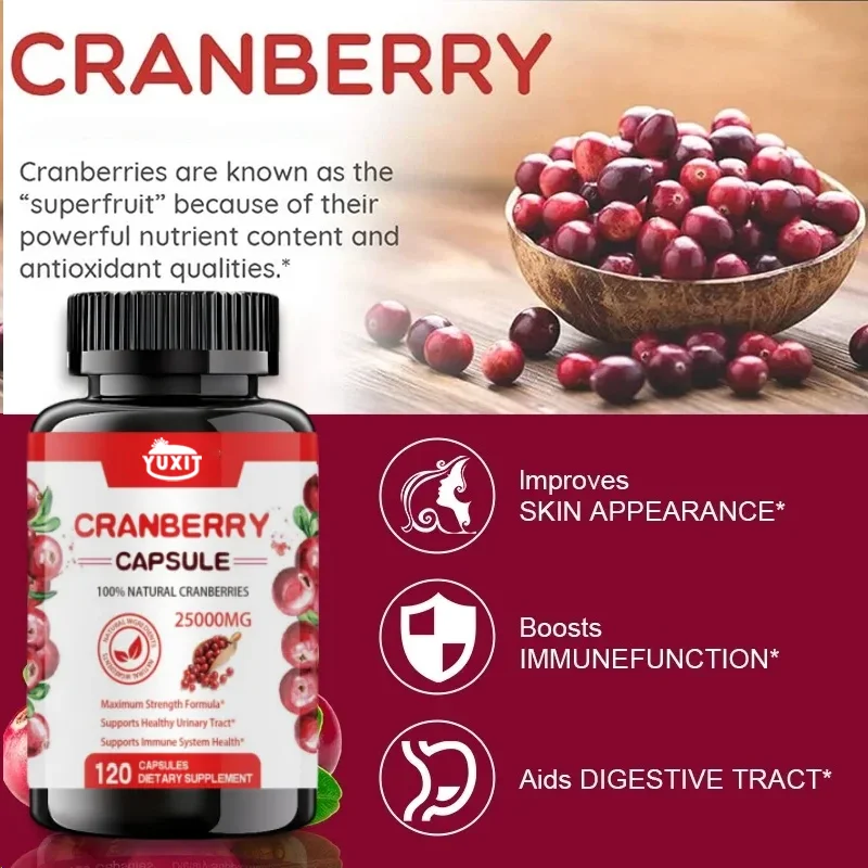 YUXIT Cranberry Concentrated Extract Pill+vitamin C | 30000 Mg | 120 Capsules | Triple Potency Formula | Non Gmo