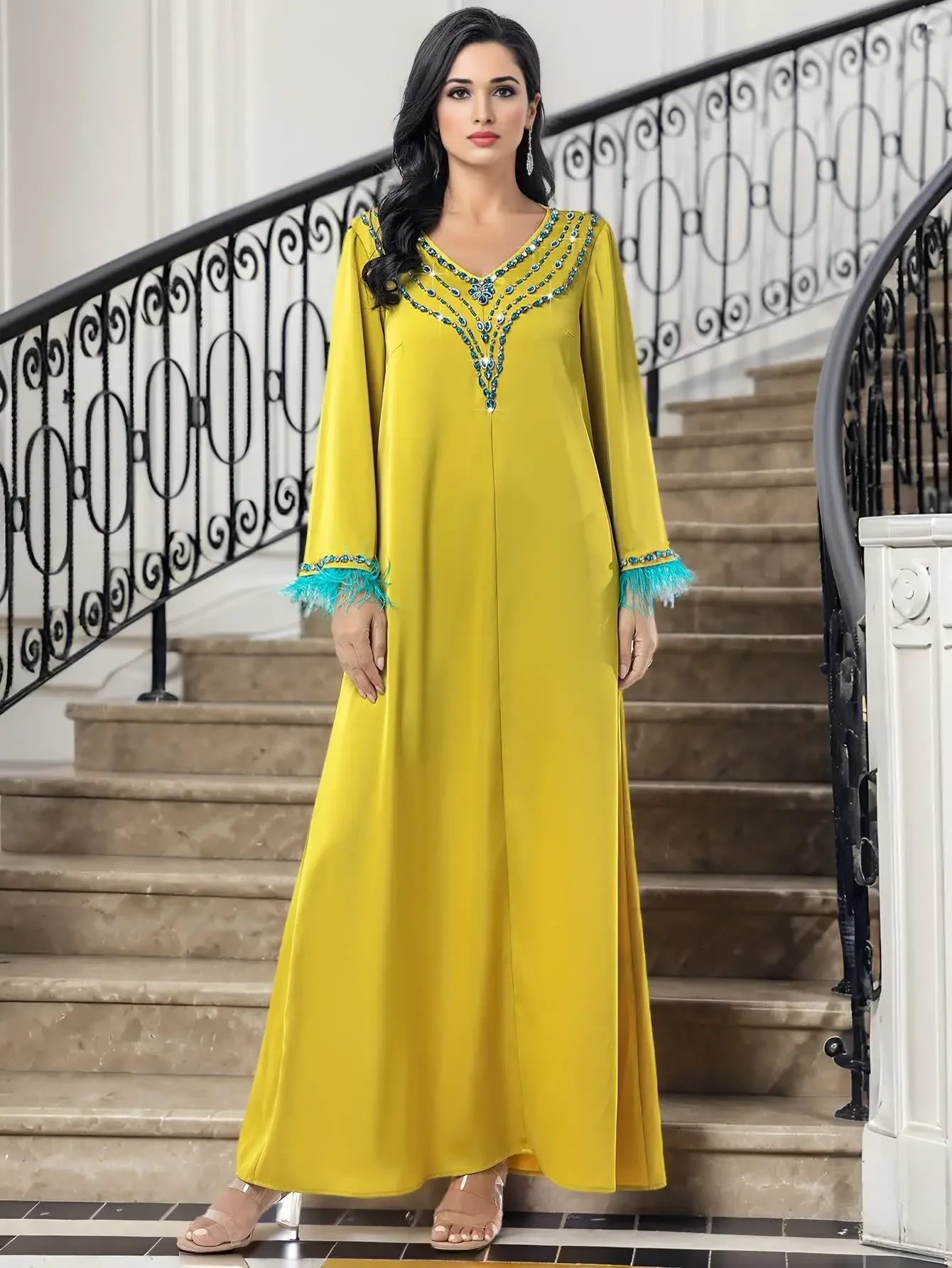 Ramadán diamantes Abaya Dubai vestido musulmán de plumas de lujo mujeres ropa Islam Eid Robe Femme Musulmane Abayas Damen Kaftan vestido