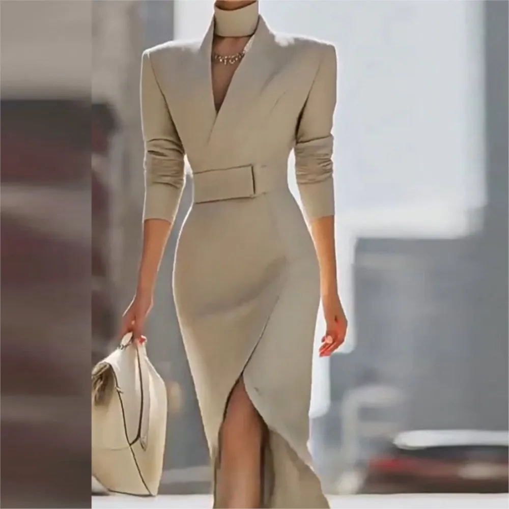 Herbst Temperament V-ausschnitt Schlank anliegende Mid-länge Hüfte-umarmt Schlitz frauen Kleider Mode High-neck Elegante weibliche Büro Kleid