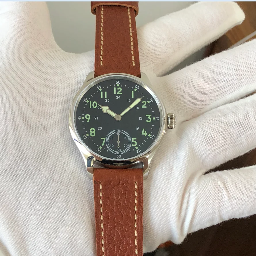 41mm GEERVO NO LOGO Sapphire Crystal Or Mineral Glass Black Luminous Dial Asian ETA6498 Mechanical Movement Pilot Men's Watch