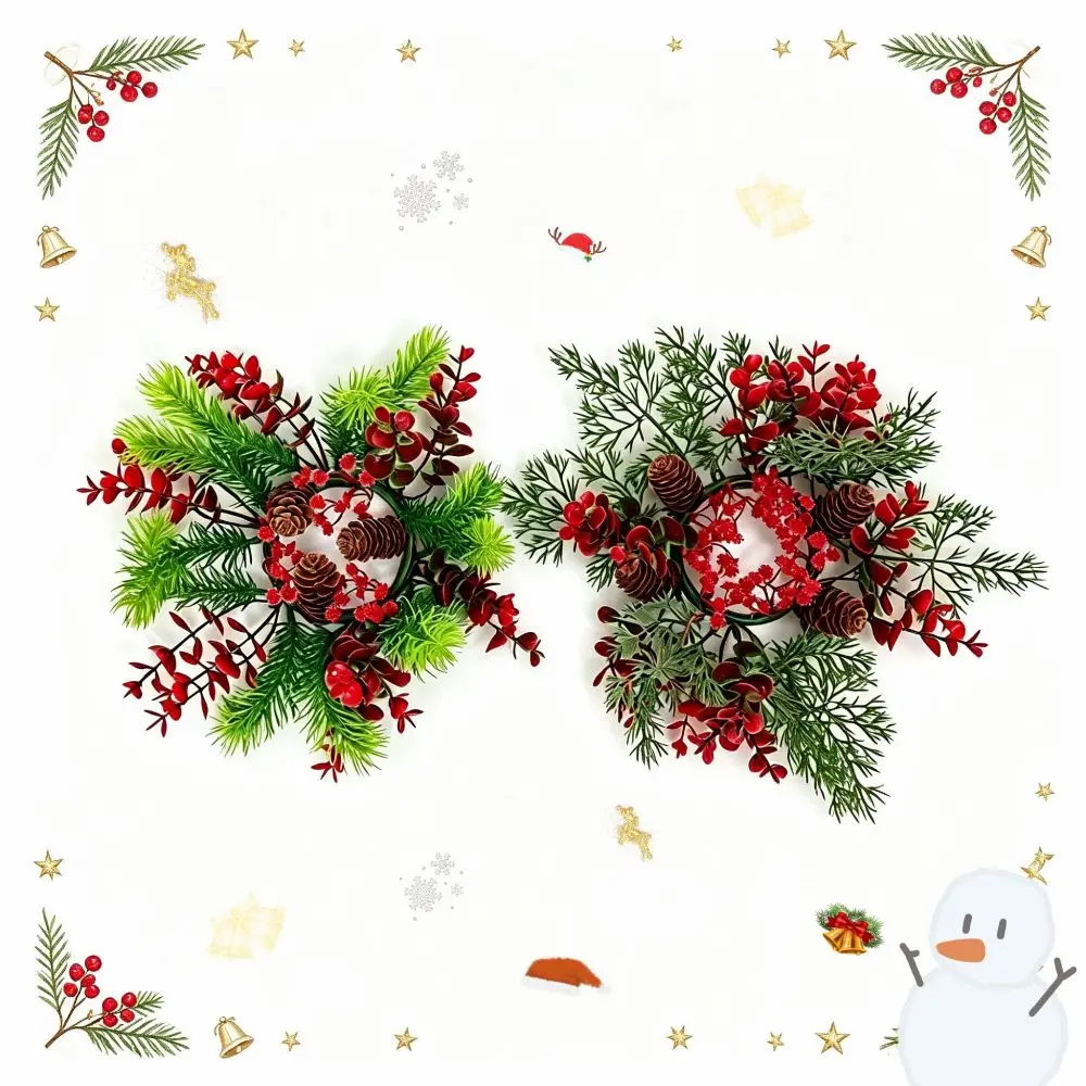 Artificial Pine Needles Christmas Wreath Pine Cones White Berries Artificial Wreath Round Evergreen Foliage Candle Ring Wreath