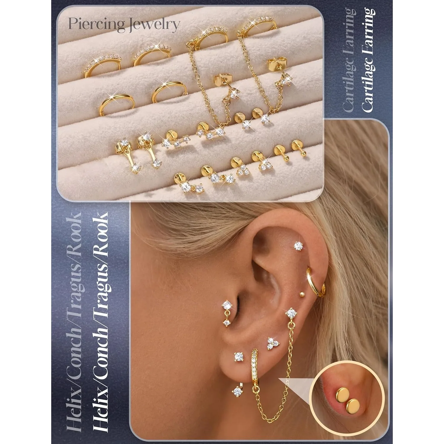 20G Flat Back Earrings for Women Threadless Surgical Steel Stud Hoop Earrings Push in Nose Studs Hypoallergenic CZ Cartilage Earring Set Labret Helix Tragus Conch Piercing Jewelry