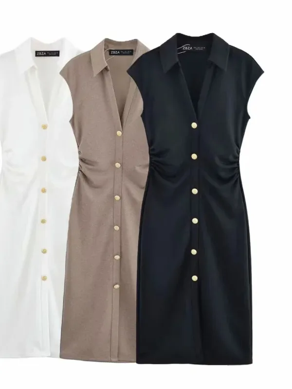 2025 Spring Summer New Women's Elegant Fashion Bead Cloth Shirt-style Short-sleeved V-neck Slim-fit Dress Long Skirt MX4A