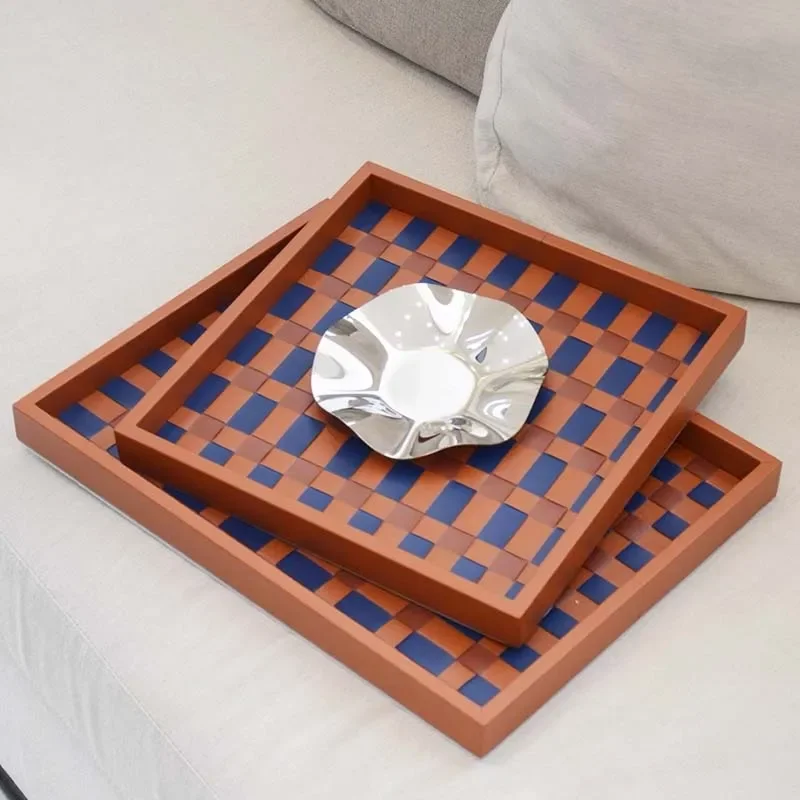 Woven Leather Tray Home Decoration Desktop Storage Tray Checkerboard Leather Display Stand Nordic Style Decor Accessories