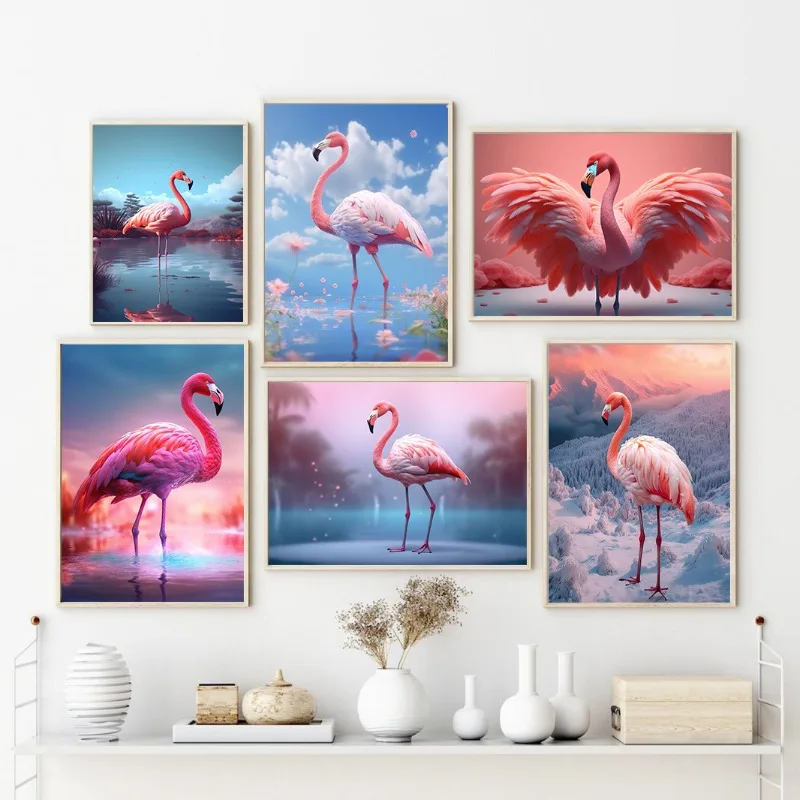 1pc frameless Canvas Painting Beautiful Animal Bird Pink Flamingo Landscape Posters Prints Canvas Painting Wall Art Picture for