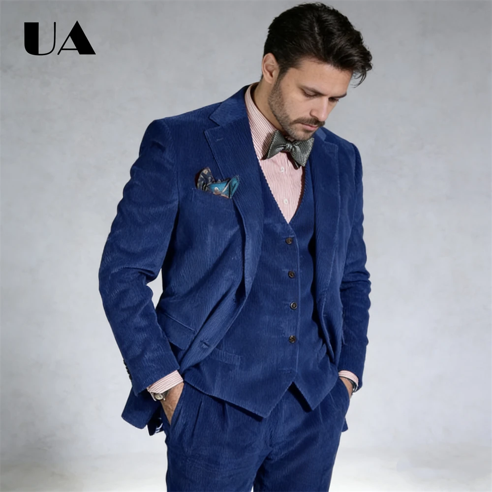 

Corduroy Formal Suit Set for Men, Three Pieces Solid Tuxedo, (Jacket Vest Pants) Business Tuxedo Autumn New Suit Attire