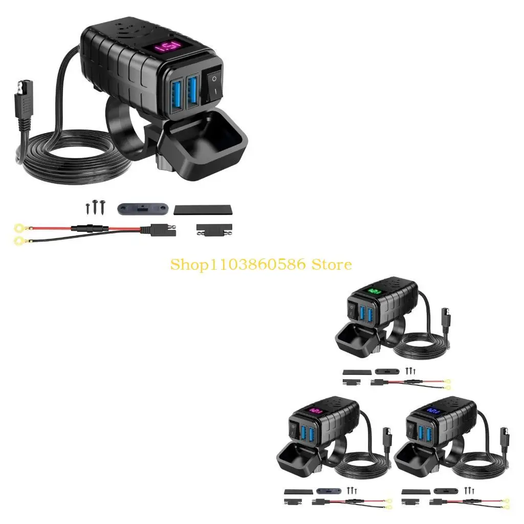 242A Motorcycle USB Chargers Adapter Double QC3.0 Ports with LED Voltage Indicator Power Button ABS Shell Universal Mounting