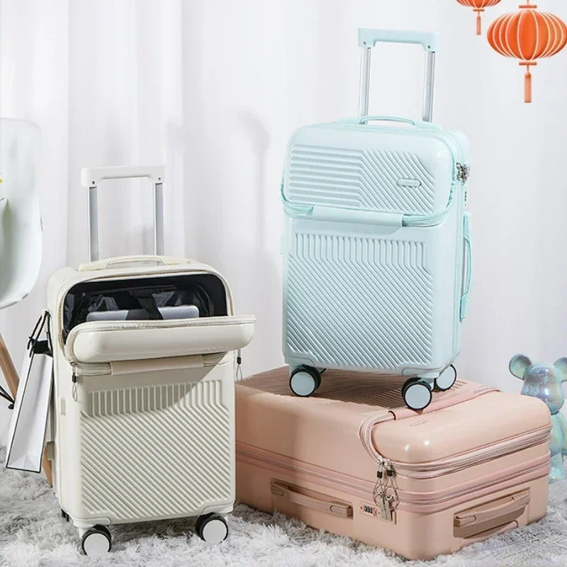 Fashion Front Opening 20 22 24 26 Inch Boarding Suitcase Travel Suitcases with Wheel ABS+PC Rolling Luggage Case with Cup Holder