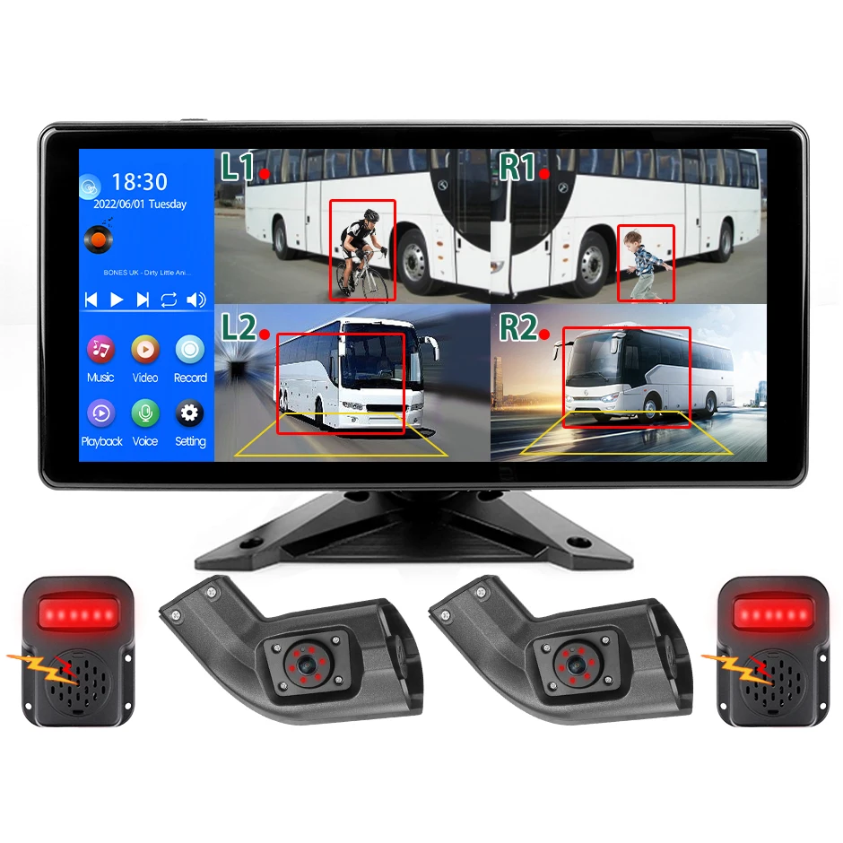 

10.36 Inch 4 Channel Blind Spot BSD Alarm Truck Bus Onboard DVR Recorder With Left/Right Long Arm Side Dual Lens Camera