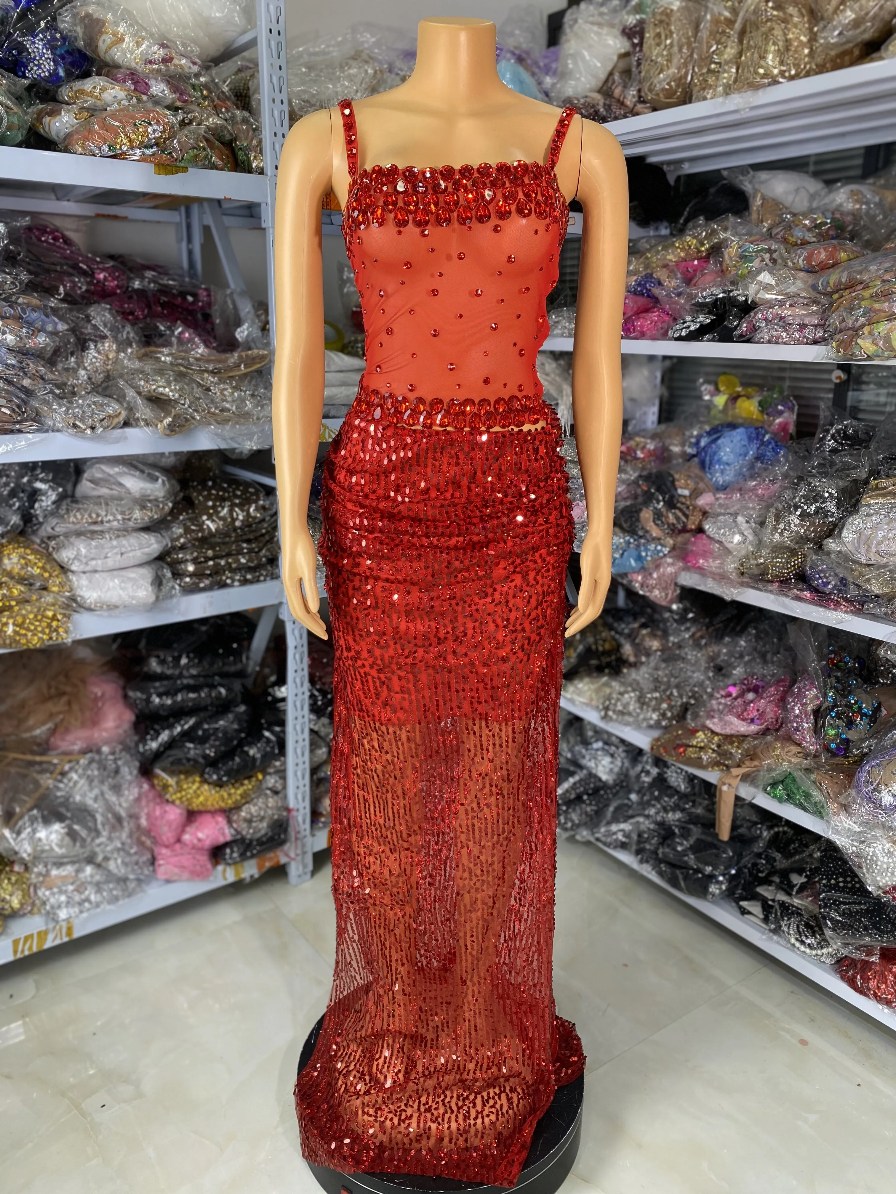 

Women Summer Red Birthday Dress Luxury Rhinestones Mesh Camisole And Long Sequines Skirt Two Pieces Sets See Through Club Outfit