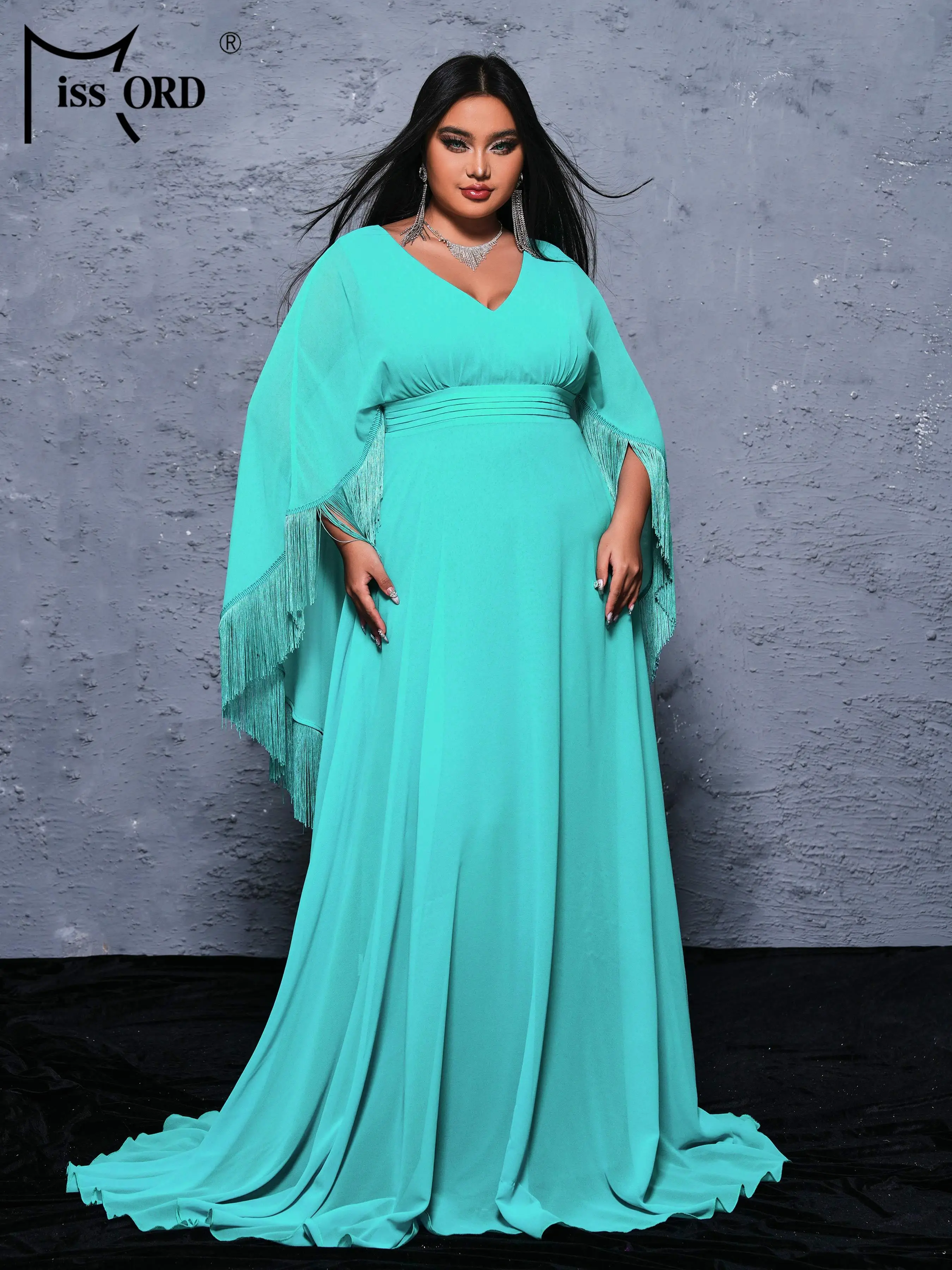 Missord Plus Size Prom Dress V Neck Bat Sleeve A Line Evening Green Floor Length Church Dress