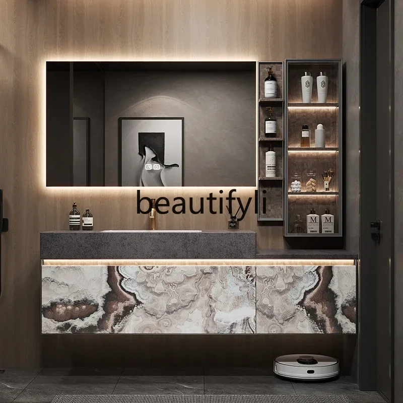 C Hotel wind bathroom cabinet combination rock slab seamless ceramic integrated basin table basin washbasin cabinet