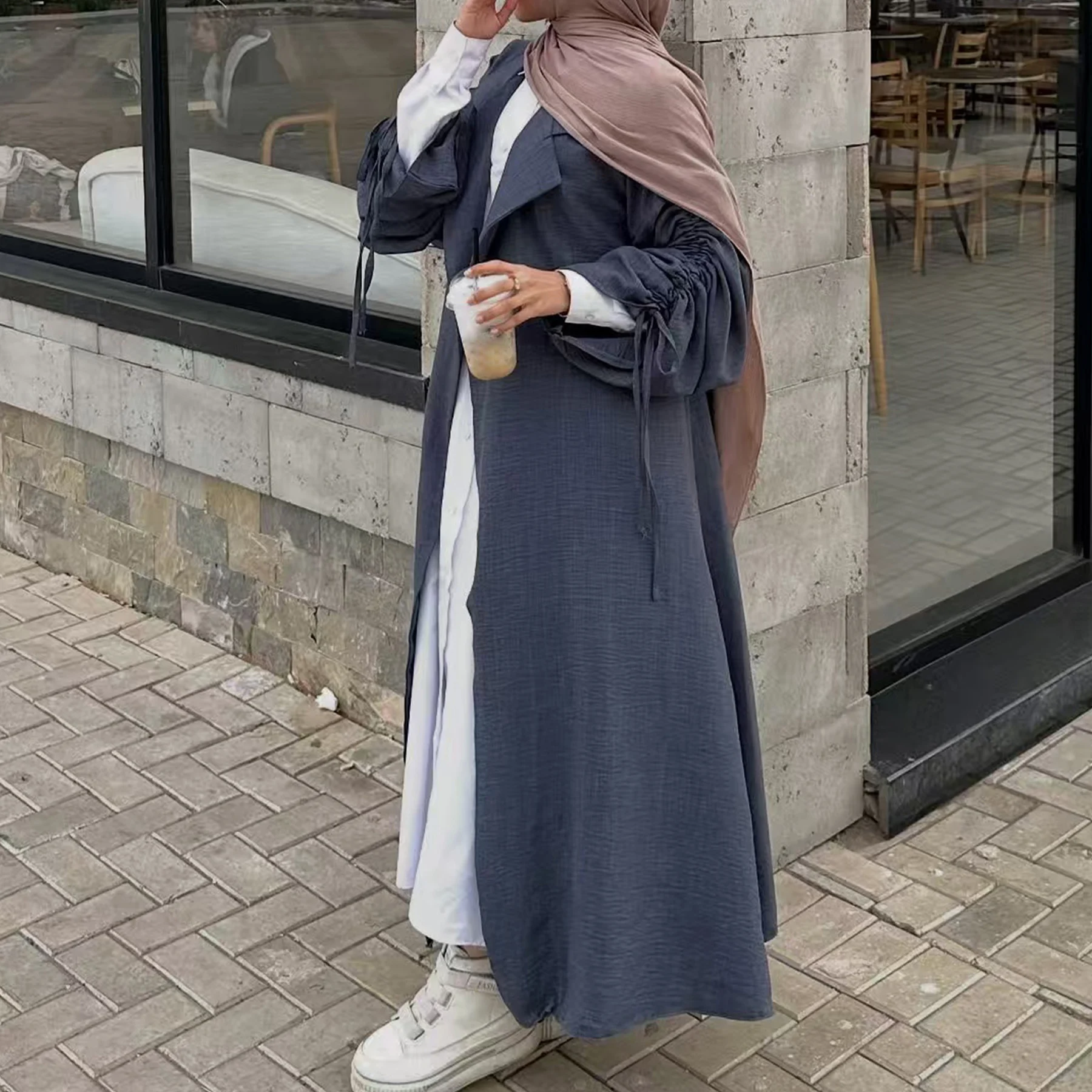 

Блейзер с лацканами и рюшами на рукавах, тонкий саржевый хиджаб, пальто Абая, боковые карманы с поясом до щиколотки, мусульманское женское кимоно, кардиган Абая