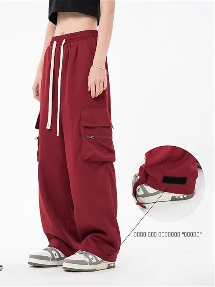 

Street Sle Hip Hop Red Wine Color Men's Casual Pants Spring Autumn High Street Cool Loose Fit Workwear Trousers