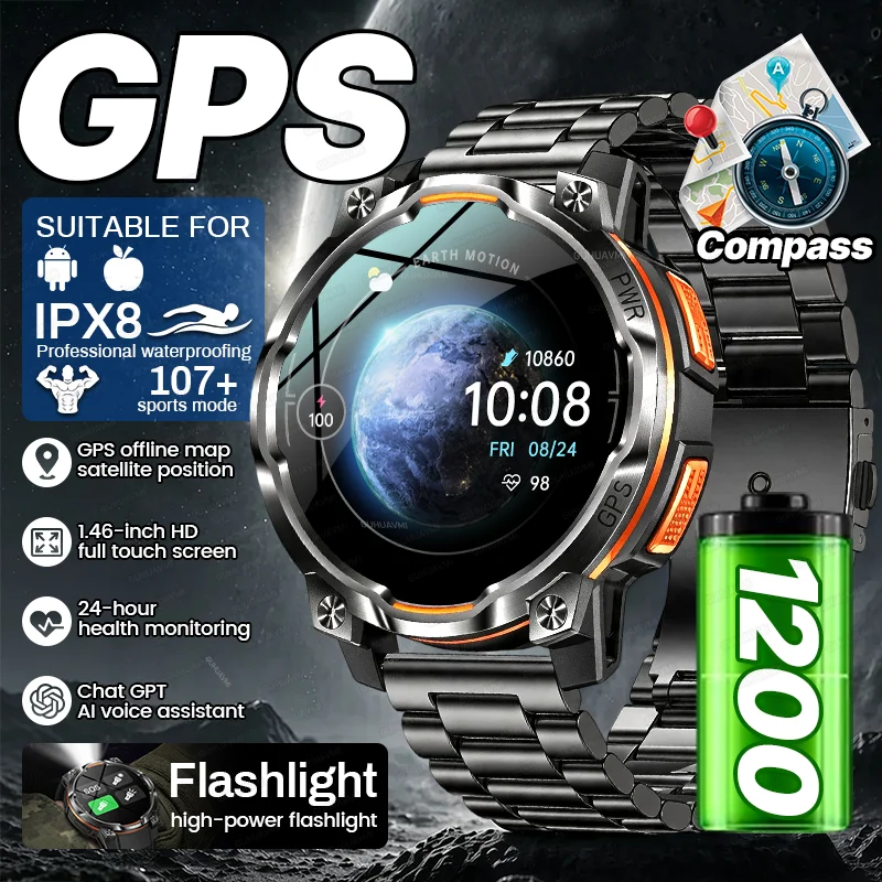2026 New Outdoor GPS Men Sports Smart Watch 1200mAh Big Battery Compass LED Flashlight Bluetooth Call IPX8 Waterproof Smartwatch