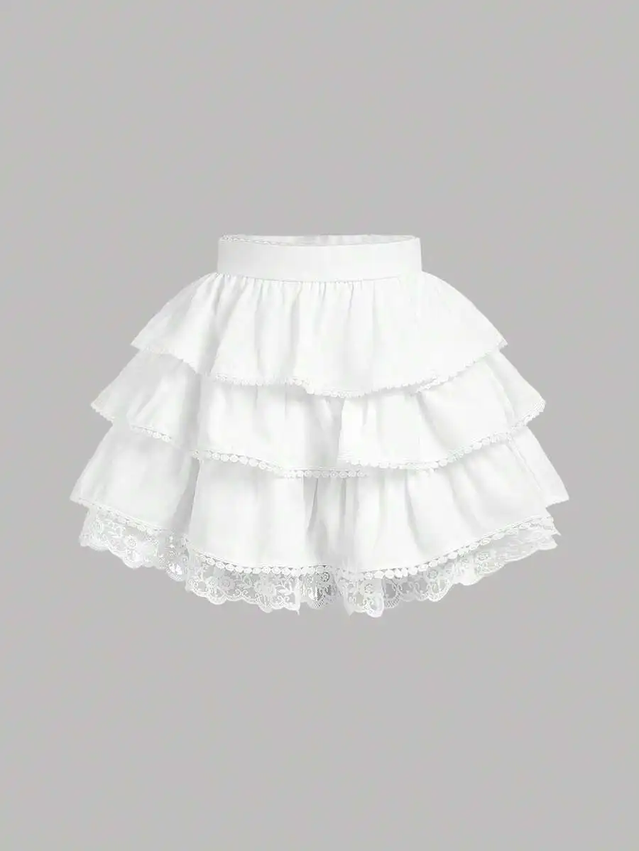 

White Tiered Ruffle Skirt with Lace Trim for Girls, Spring Summer Casual Wear