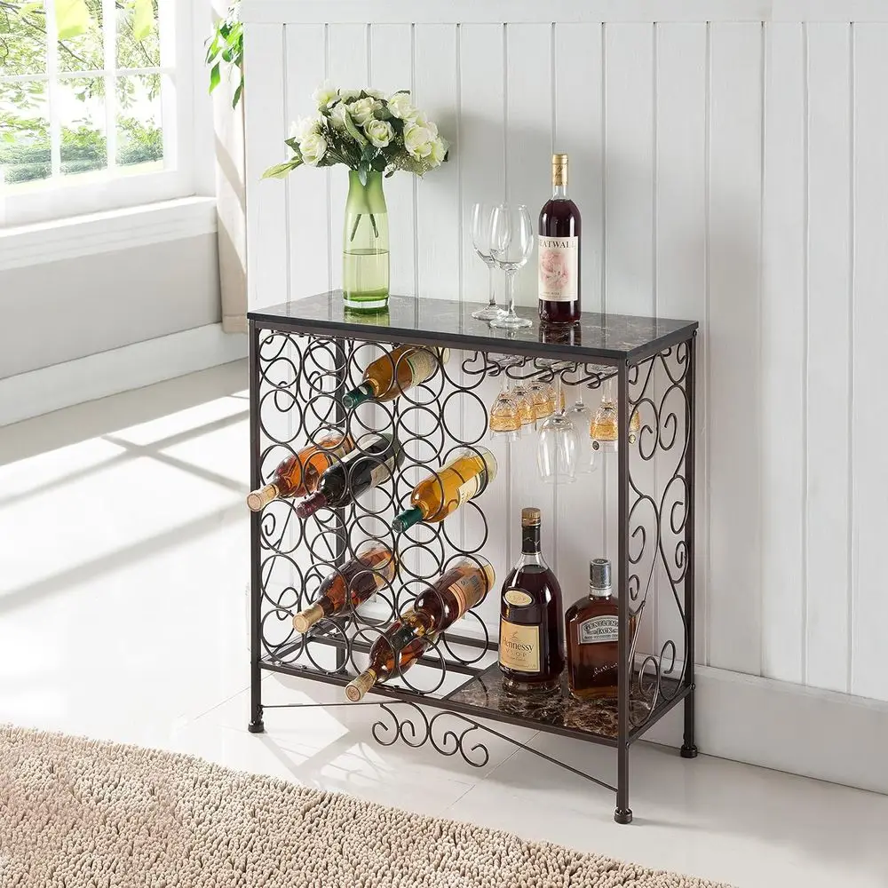 

reestanding Wine Rack Table, Liquor Bar Cabinet with Wine Storage - Holds 24 Bottles and Glasses Holder
