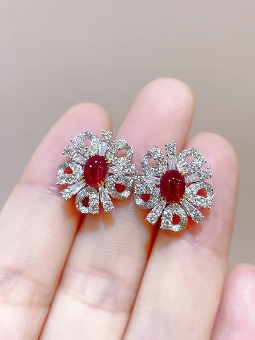 natural ruby stud earring 18K white gold with diamond flower genuine luxury fine women jewelry