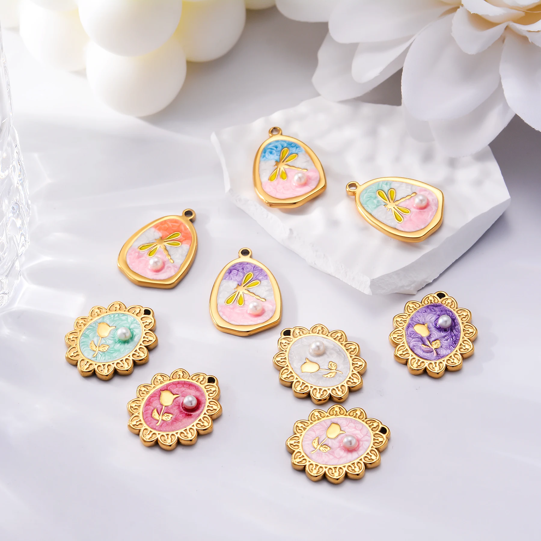 6Pcs/lot Enamel Cherry Butterfly Star Flower Charms For Women Stainless Steel Jewelry Making DIY Necklace Bracelet Accessories