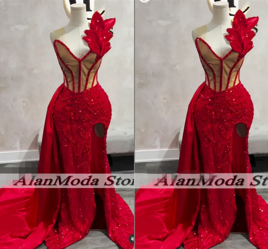 Stunning Red Prom Dresses 2025 Sequin Mermaid Wedding Party Dress Vestidos De Gala High Split Evening Gowns Customized